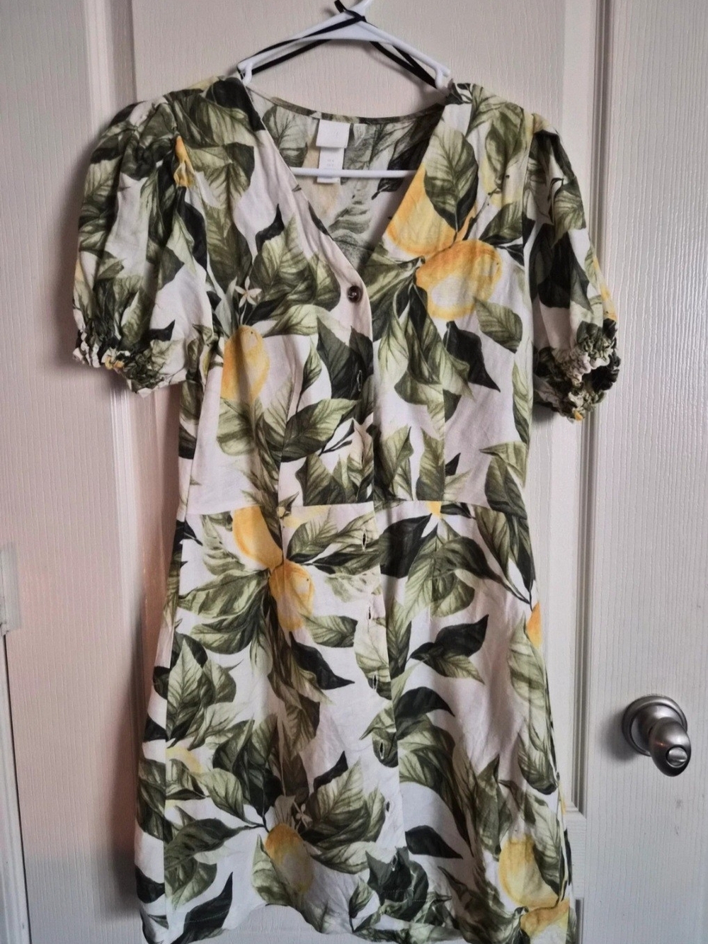 H&M White Mini Dress with Yellow Lemon & Green Leaf Print Size S
